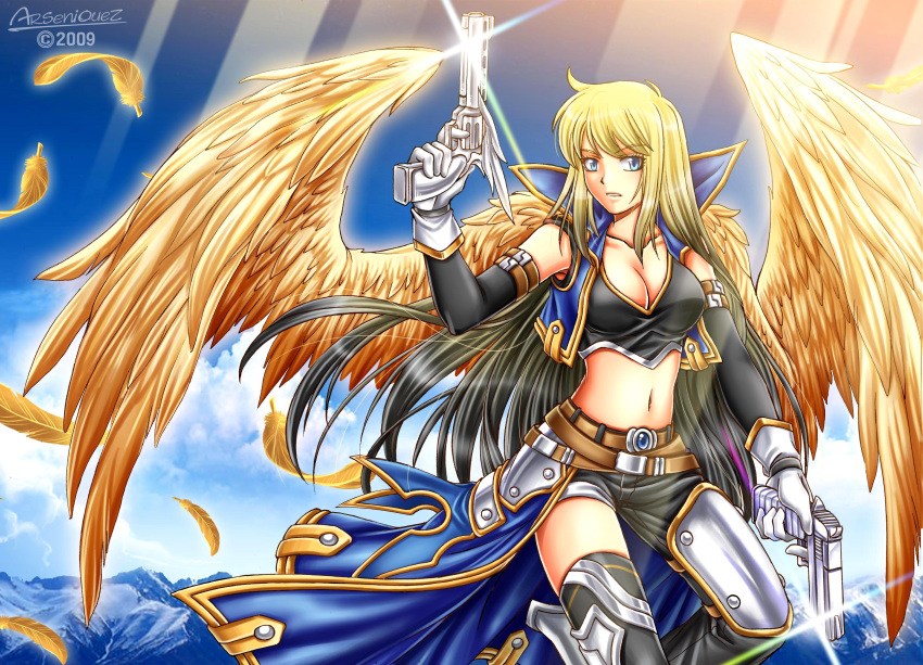 absurdres armor arseniquez asymmetrical_clothes asymmetrical_clothing belt blonde_hair blue_eyes breasts cleavage cloud clouds copyright_request dual_wielding feathers gloves gradient_hair gun handgun highres midriff mountain multicolored_hair navel pistol revolver single_pantsleg sky solo weapon wings