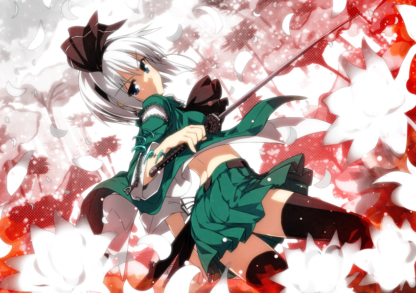 arched_back back black_legwear black_thighhighs blue_eyes from_behind frown ghost hairband highres katana konpaku_youmu looking_back magatama midriff petals pleated_skirt sazanami_mio short_hair silver_hair skirt solo sword thigh-highs thighhighs touhou turning weapon white_hair zettai_ryouiki zipper