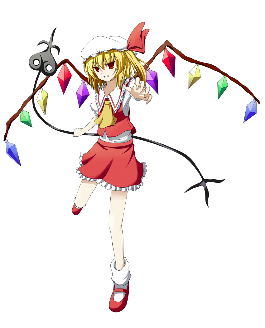 absurdres ascot bad_id blonde_hair flandre_scarlet foreshortening grin hat hat_ribbon highres kenii laevatein outstretched_arm red_eyes ribbon short_hair side_ponytail skirt smile solo the_embodiment_of_scarlet_devil touhou wings
