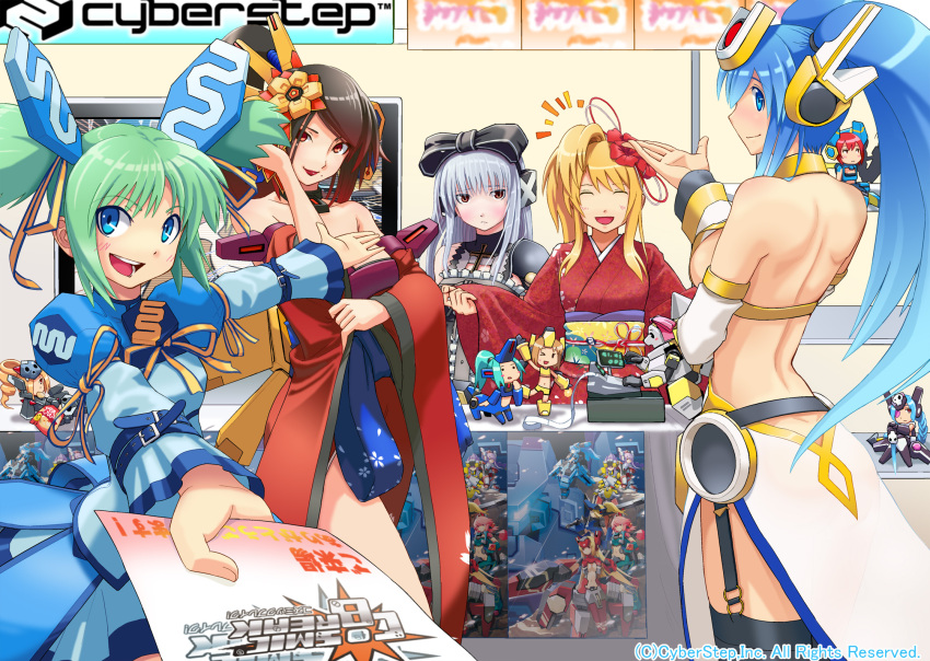 bloomemeria blue_eyes blue_hair bluemeria blush bow breasts brown_hair c.s. chibi cosmic_break crimrose eating figure figurines green_hair hair_bow hair_ornament highres ivis japanese_clothes jikun_hu jikun_long kimono lazflamme lily_rain lily_rain_eve lilyrain_eve lipstick long_hair makeup marilmarch misty_hollow morizo_cs multiple_girls needlemog ouka ouka_(cosmic_break) poster poster_(object) potato_chips red_eyes ribbon sideboob smile sword twintails very_long_hair weapon winberrl wink zero_saber_girl zerosaber_girl