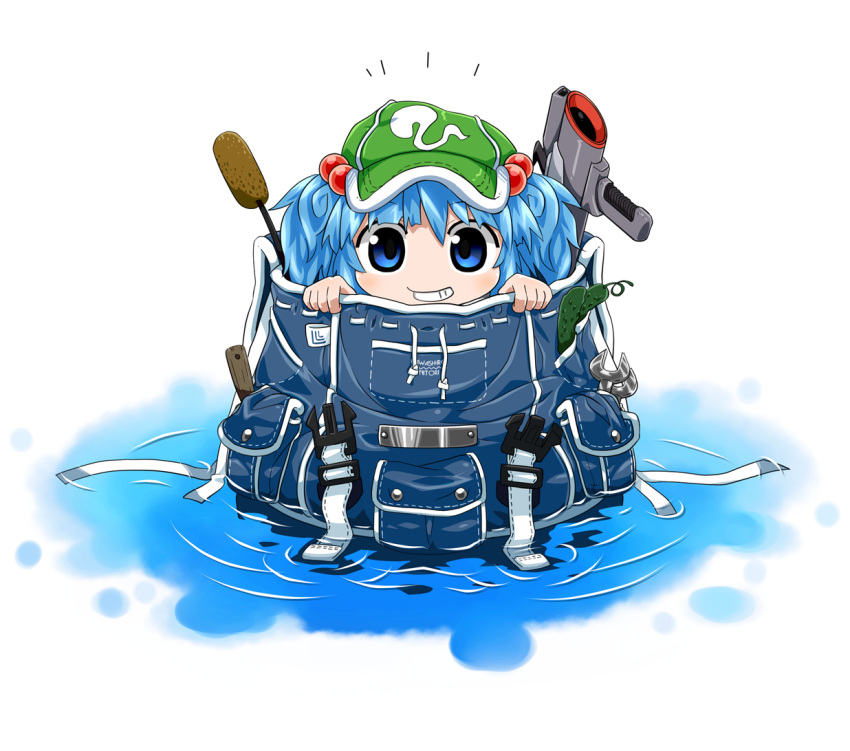 1girl backpack bag blue_eyes blue_hair byourou cattail cucumber grin hair_bobbles hair_ornament hat hiding in_bag in_container kawashiro_nitori laser_rifle looking_at_viewer plant smile solo touhou twintails water wrench