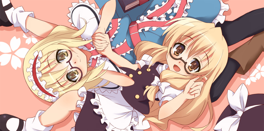 9law alice_margatroid apron bespectacled black_legwear blonde_hair blush boots brown_eyes footwear from_above glasses hairband hand_holding hat hat_removed headband headwear_removed holding_hands kirisame_marisa long_hair looking_at_viewer lying mary_janes multiple_girls no_hat no_headwear on_back open_mouth pantyhose rotational_symmetry shoes short_hair smile socks tareme touhou waist_apron yellow_eyes