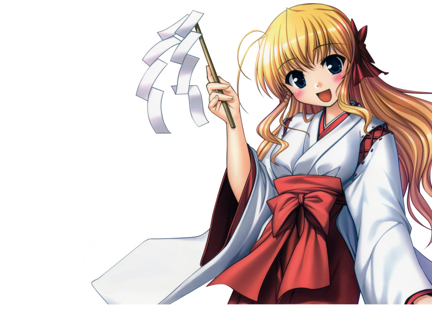 :d absurdres ahoge bekkankou blonde_hair blue_eyes blush bow fortune_arterial gohei hair_ribbon highres japanese_clothes long_hair miko open_mouth ribbon sendou_erika smile transparent_background