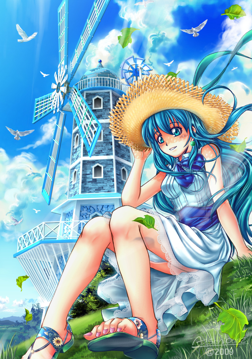 arseniquez bird blue_eyes blue_hair bow cloud clouds dress earrings feet grass hat highres jewelry leaf long_hair nail_polish original ribbon sandals sitting sky solo straw_hat toes windmill