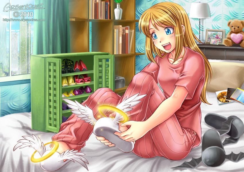 arseniquez bed blonde_hair blue_eyes book building cd cds cloud clouds curtains highres lamp open_mouth original pajamas photo_(object) picture shoes sky skyscraper solo stuffed_animal stuffed_toy teddy teddy_bear window