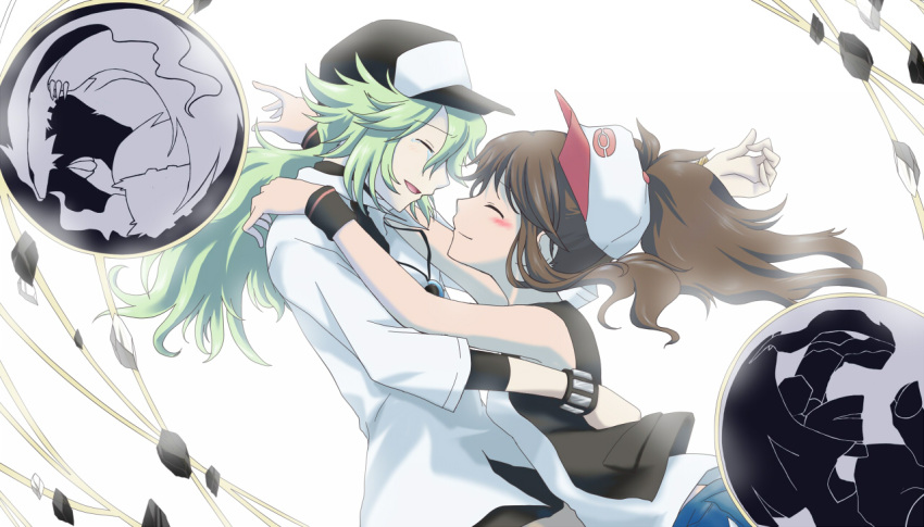 blush brown_hair couple denim denim_shorts green_hair happy_tears hat long_hair miko_embrace n_(pokemon) parody pokemon pokemon_(game) pokemon_black_and_white pokemon_bw ponytail reshiram saku_singing shorts tears touko_(pokemon) zekrom