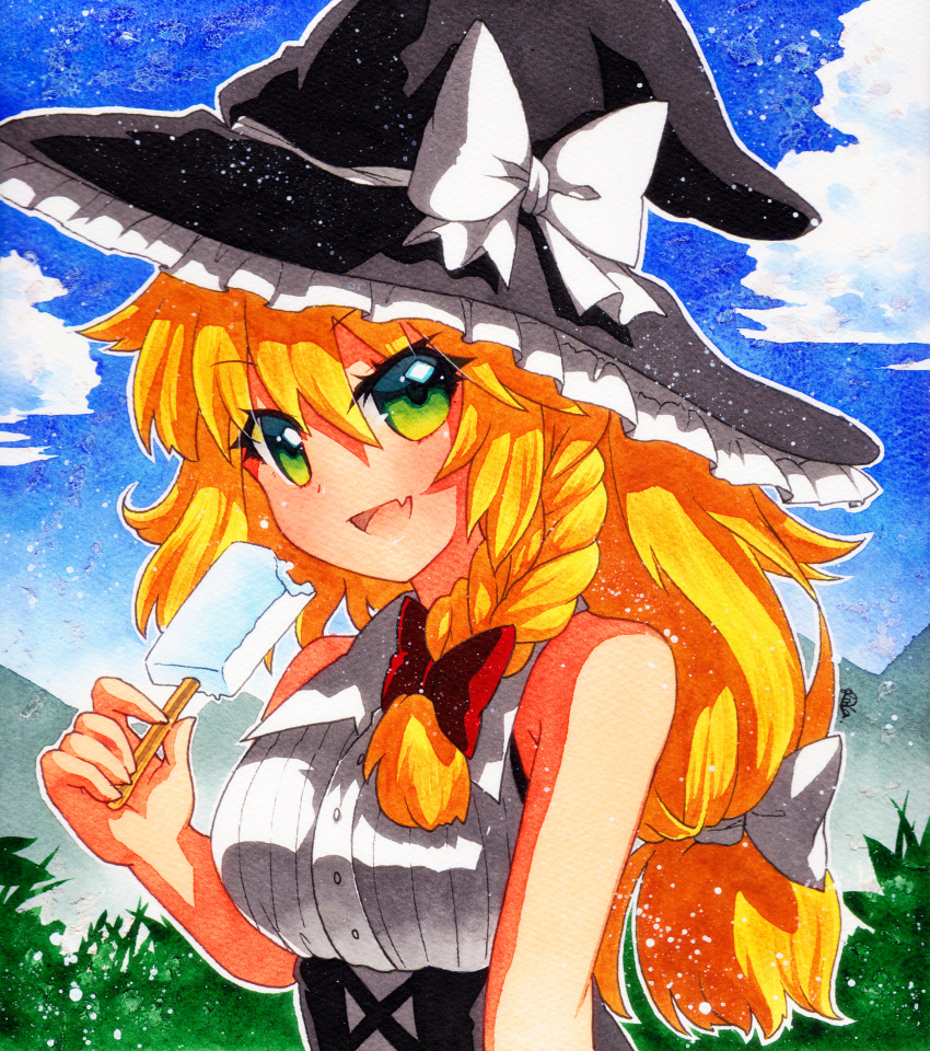 1girl absurdres alternate_costume alternate_hairstyle bangs bare_shoulders black_headwear black_skirt blonde_hair blue_sky bow braid breasts buttons clouds cloudy_sky collar collared_shirt eyebrows_visible_through_hair eyes_visible_through_hair food frills grass green_eyes hair_between_eyes hand_up hat hat_bow highres ice_cream kirisame_marisa long_hair looking_at_viewer medium_breasts mountain open_mouth ponytail qqqrinkappp red_bow shikishi shirt single_braid skirt sky sleeveless smile solo t-shirt touhou traditional_media white_bow white_shirt witch_hat