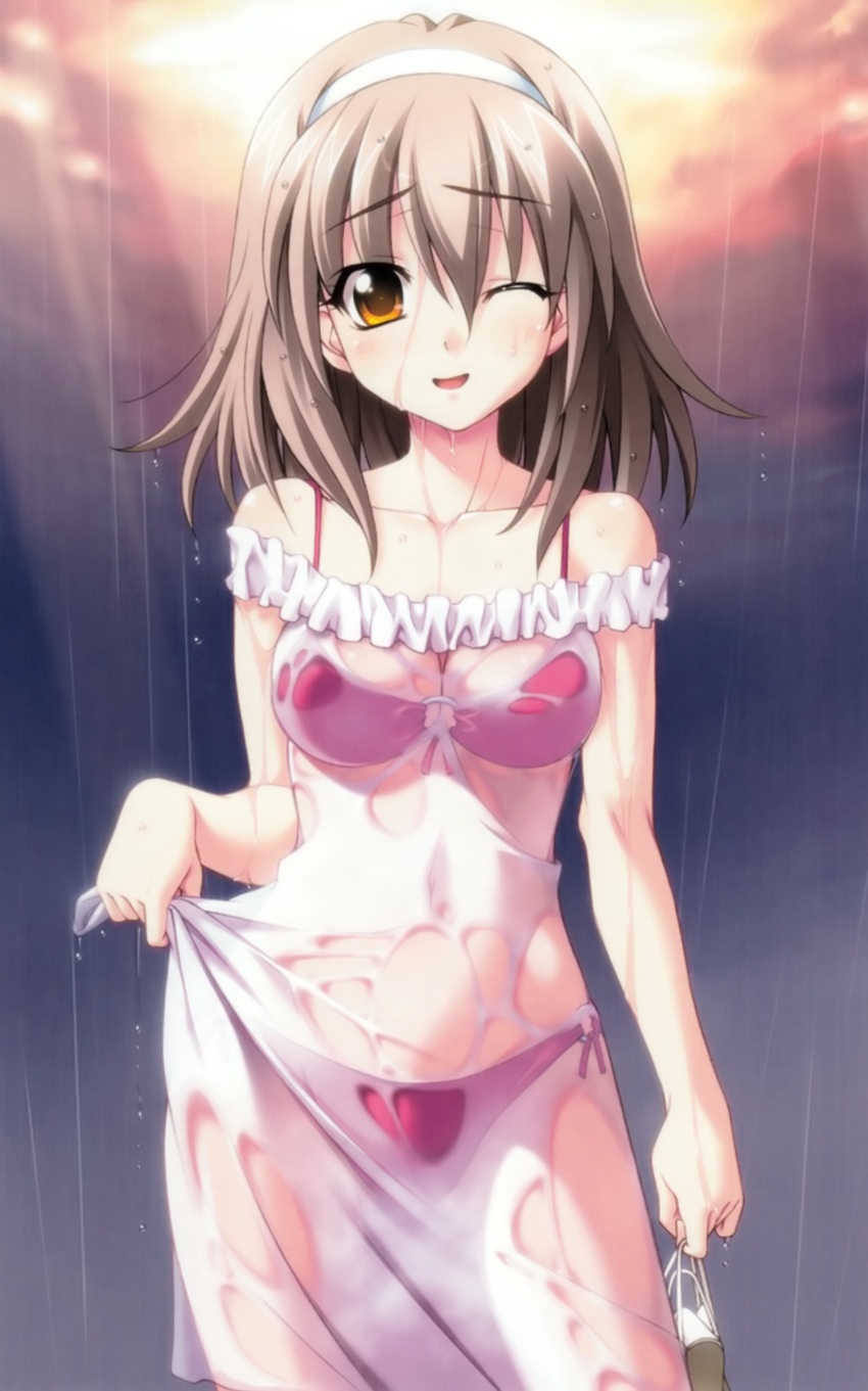 ;d absurdres artist_request bikini bra breasts brown_hair cleavage dress eyes hairband highres koshimizu_takayuki lingerie memories_off memories_off_6 navel o-ring_bottom o-ring_top open_mouth panties rain see-through smile solo source_request swimsuit swimsuit_under_clothes tohmine_ririsu toomine_ririsu water wet wet_clothes wink yellow yellow_eyes
