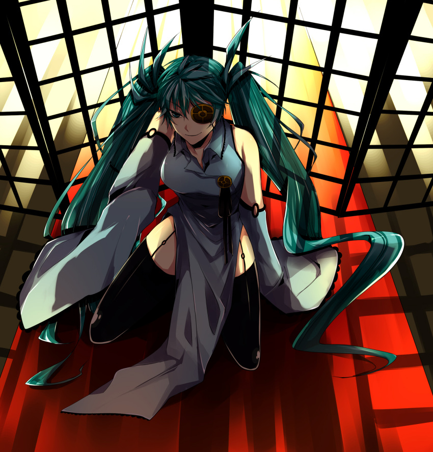 aqua_eyes aqua_hair china_dress chinese_clothes detached_sleeves eyepatch from_above fujikiti hatsune_miku highres long_hair sitting smile solo thigh-highs thighhighs twintails very_long_hair vocaloid zettai_ryouiki