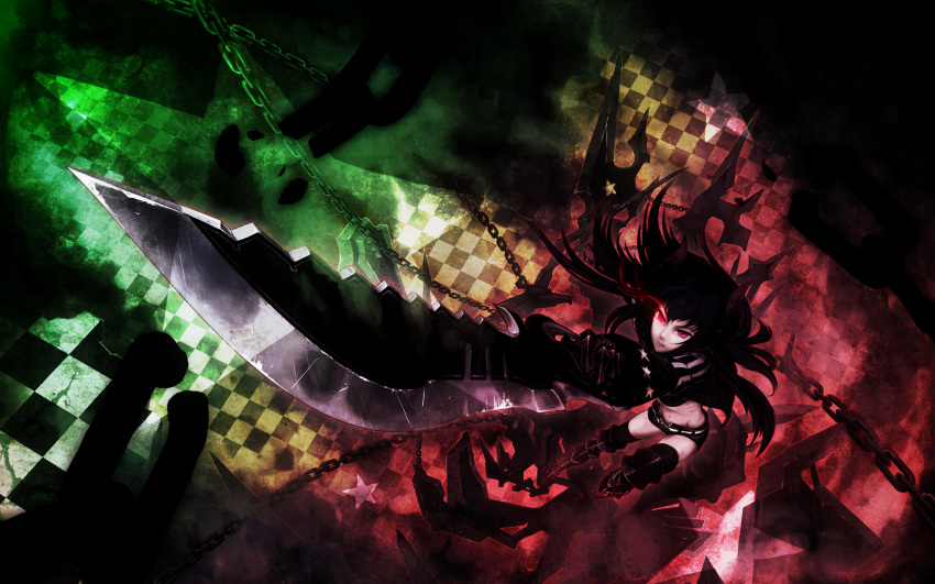 black_gold_saw black_rock_shooter chain horns red_eyes sword thigh-highs thighhighs un weapon