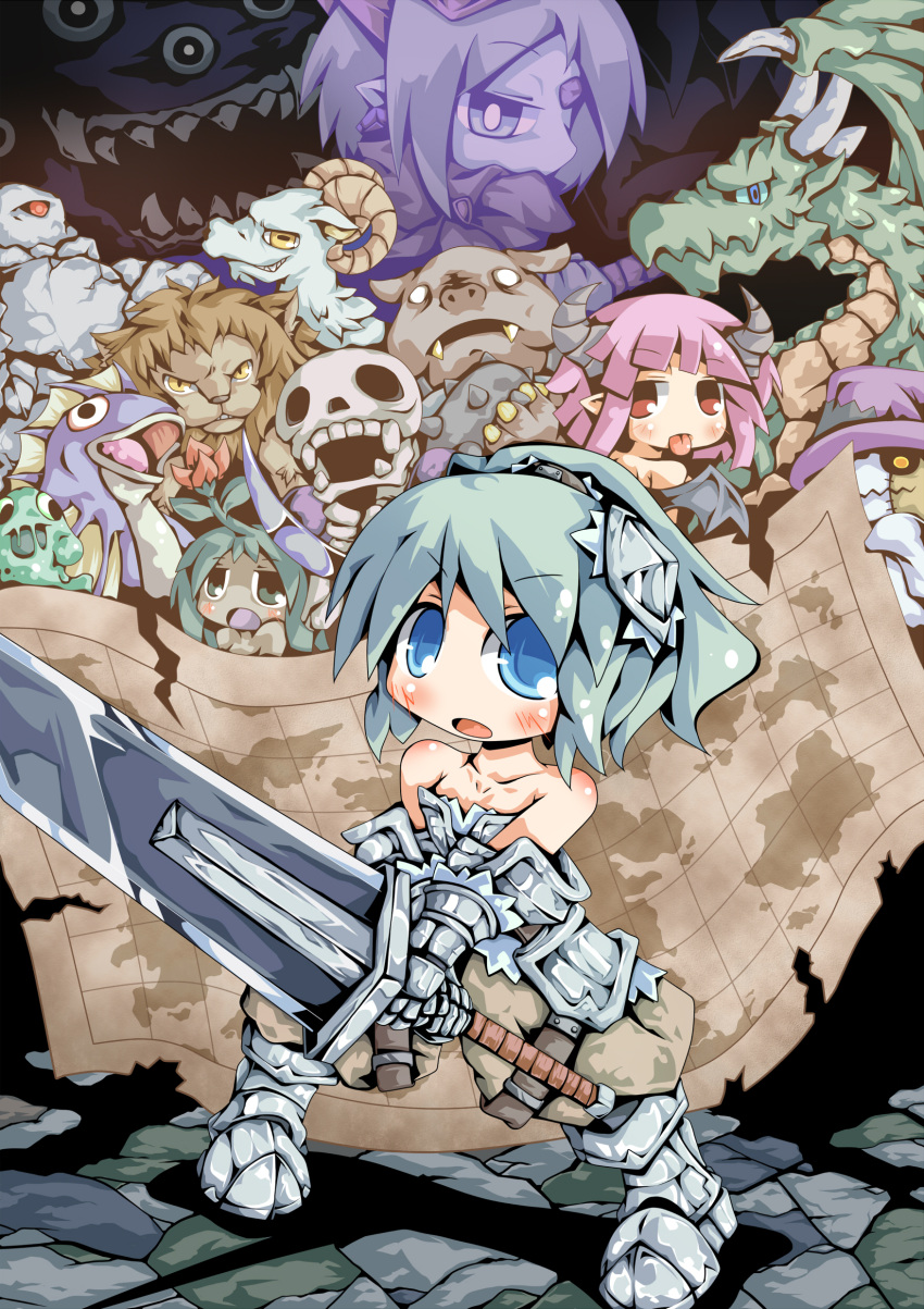 :p armor bad_id bare_shoulders blue_eyes blush caraduki carazuki dragon fish gauntlets green_hair highres horns huge_weapon lion map monster original pig pink_hair pointy_ears ram red_eyes sheep skeleton sword tongue weapon