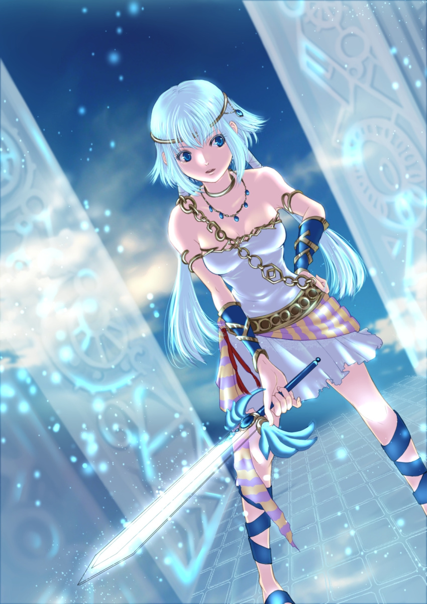 arm_guard blue_eyes blue_hair chain chains dutch_angle fantasy hand_on_hip highres hips jewelry necklace original sash solo sword time-flies weapon