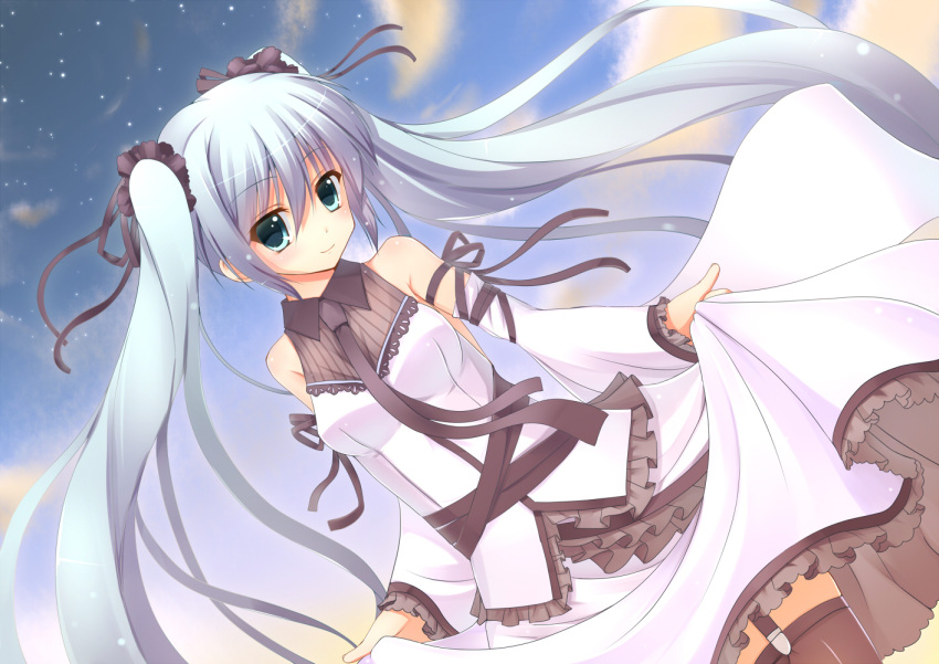 aqua_eyes aqua_hair bare_shoulders detached_sleeves dress frills garter_straps hatsune_miku highres if_(asita) long_hair necktie sky solo star_(sky) thigh-highs thighhighs twintails very_long_hair vocaloid