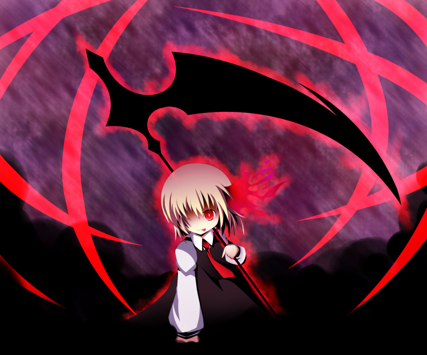 blonde_hair dark495 dress hair_over_one_eye highres kuroyume_(dark495) red_eyes rumia scythe short_hair solo the_embodiment_of_scarlet_devil tongue tongue_out touhou weapon youkai