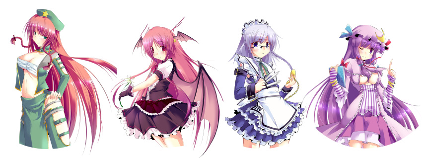 absurdres adapted_costume apron bat_wings beret bespectacled blue_eyes book braid breasts bridal_gauntlets cleavage cleavage_cutout crescent elbow_gloves flower frills glasses gloves green_eyes hands_on_hips hat heart highres hong_meiling izayoi_sakuya knife koakuma large_breasts light_smile long_hair maid_headdress multiple_girls navel open_clothes open_shirt patchouli_knowledge pocket_watch purple_eyes purple_hair red_eyes red_hair redhead sarashi sesield shirt side_slit silver_hair simple_background striped striped_gloves the_embodiment_of_scarlet_devil throwing_knife touhou transparent_background twin_braids very_long_hair violet_eyes watch weapon wings wink