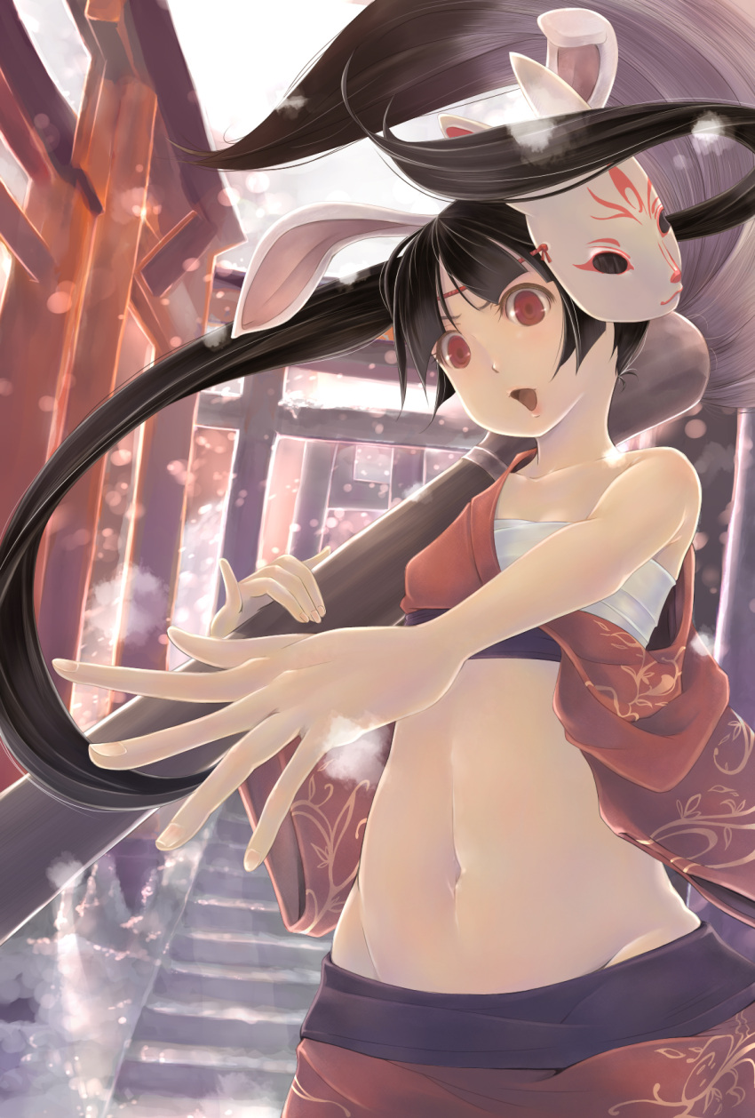 animal_ears bandages brush bunny_ears calligraphy_brush fox_mask giant_brush haku_(sinsifuku2) hands highres mask midriff mound_of_venus navel new_year off_shoulder open_mouth original oversized_object paintbrush rabbit_mask red_eyes sarashi snow snowing solo stairs torii twintails