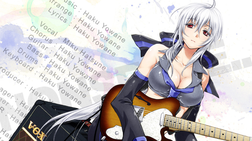 bare_shoulders breasts cleavage collarbone detached_sleeves expressionless guitar instrument large_breasts long_hair ponytail red_eyes silver_hair solo telecaster venuspunk vocaloid yowane_haku