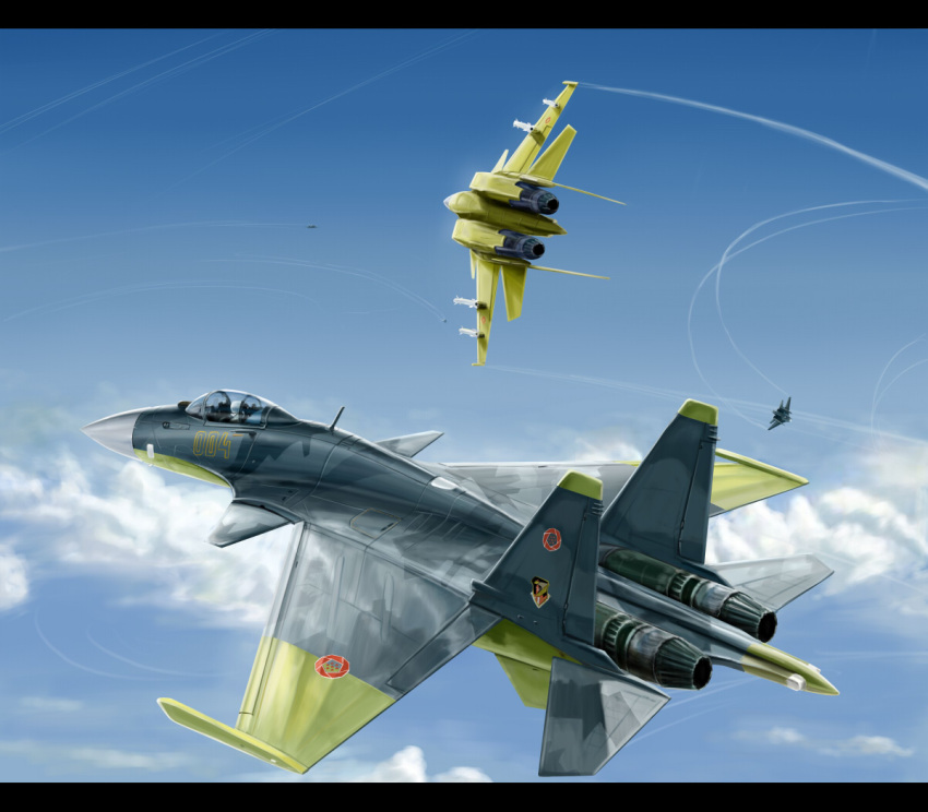 ace_combat_04 aerial_battle airplane battle cloud clouds condensation_trail contrail dogfight emblem fighter_jet flying jet kcme letterboxed mecha_to_identify missile pilot su-37 yellow_4