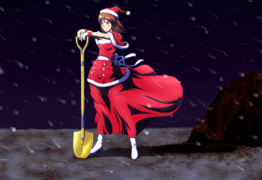 boots brown_eyes brown_hair capelet christmas dress fate/stay_night fate_(series) hagiwara_yukiho hat idolmaster parody pose rock sakuraba_tsukasa santa_costume santa_hat shovel snow solo worktool