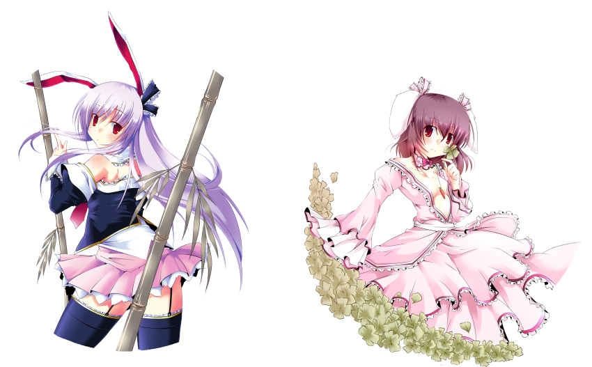 animal_ears bamboo bare_shoulders bunny_ears dress highres inaba_tewi long_hair looking_back open_dress purple_hair red_eyes reisen_udongein_inaba sesield skirt thigh-highs thighhighs touhou