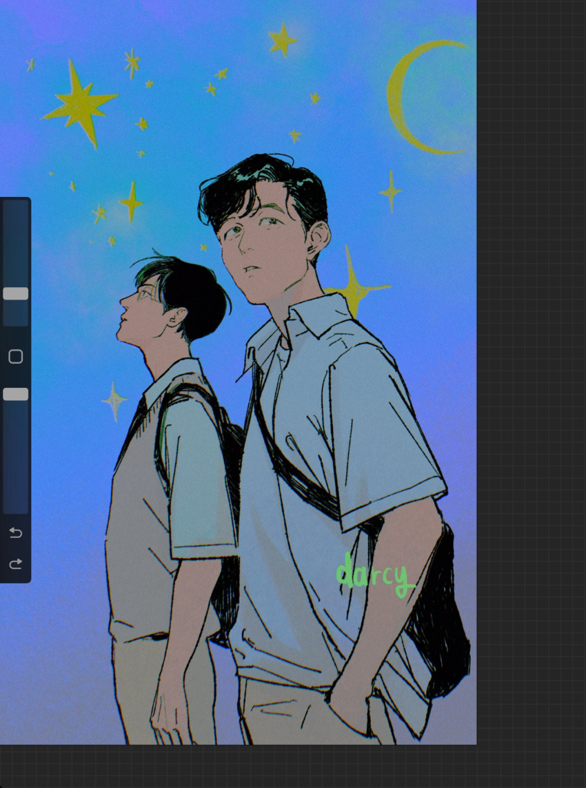2boys art_program_in_frame backpack bag black_eyes black_hair collared_shirt crescent_moon glasses hands_in_pockets highres looking_up male_focus moon multiple_boys muted_color oh_sangwoo outdoors parted_lips runlikehellllll screenshot seong_gi-hun shirt short_hair squid_game star_(symbol) vest white_shirt yellow_vest