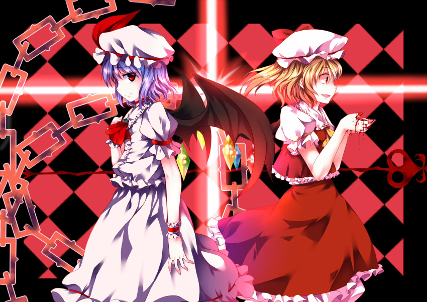 absurdres bat_wings blood chain chains crazy_eyes cross flandre_scarlet highres laevatein multiple_girls profile remilia_scarlet sad short_hair siblings sinchi sisters touhou wings wrist_cuffs