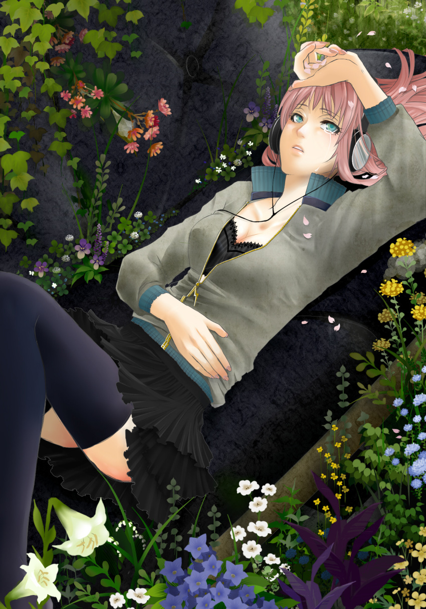 aqua_eyes breasts casual cleavage flower hands headphones highres long_hair lying megurine_luka on_back petals pink_hair sism skirt solo tears thigh-highs thighhighs vocaloid zettai_ryouiki