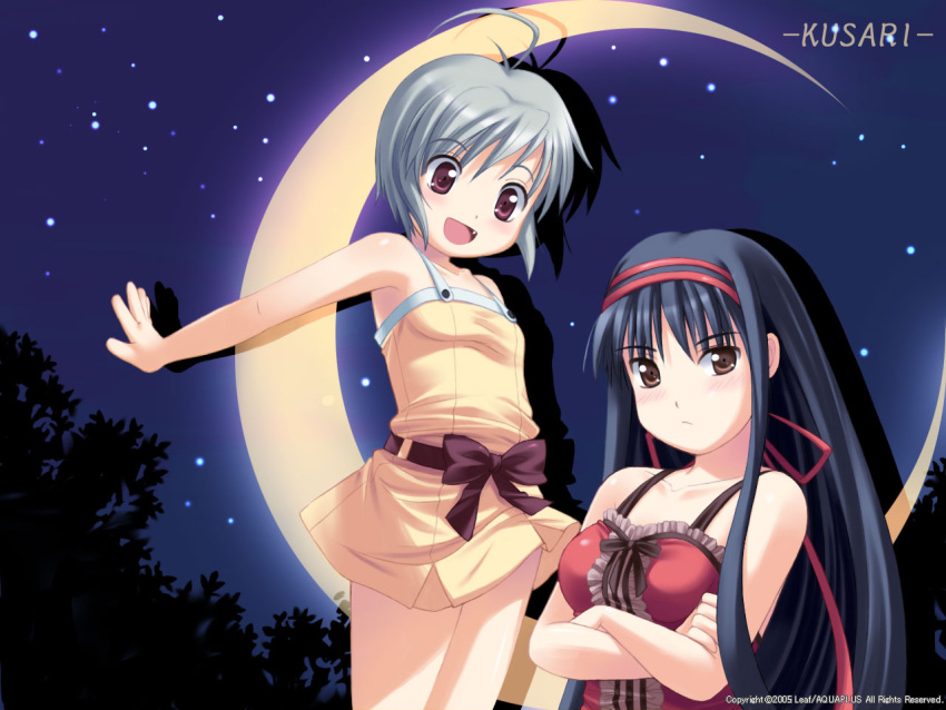 ayanobe_karen ayanobe_tamami bare_shoulders black_hair blush bow brown_eyes child crossed_arms dress fang frills hairband kusari leaf long_hair moon night open_mouth outdoors outstretched_arms purple_eyes ribbon short_hair siblings silver_hair sisters smile spread_arms star wallpaper