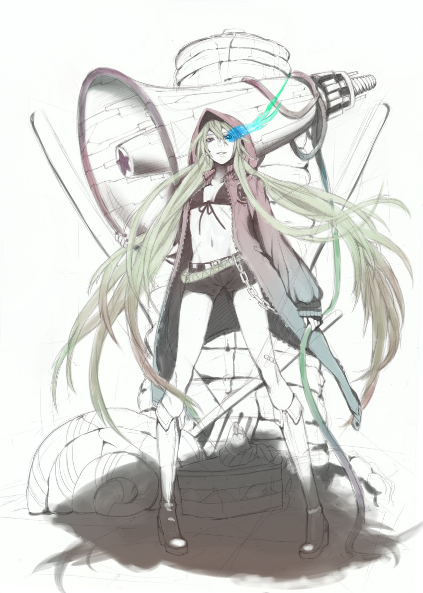 absurdres black_rock_shooter black_rock_shooter_(character) black_rock_shooter_(cosplay) blonde_hair boots chain cosplay glowing glowing_eyes hatsune_miku highres legs long_hair megaphone nayu shorts solo vocaloid