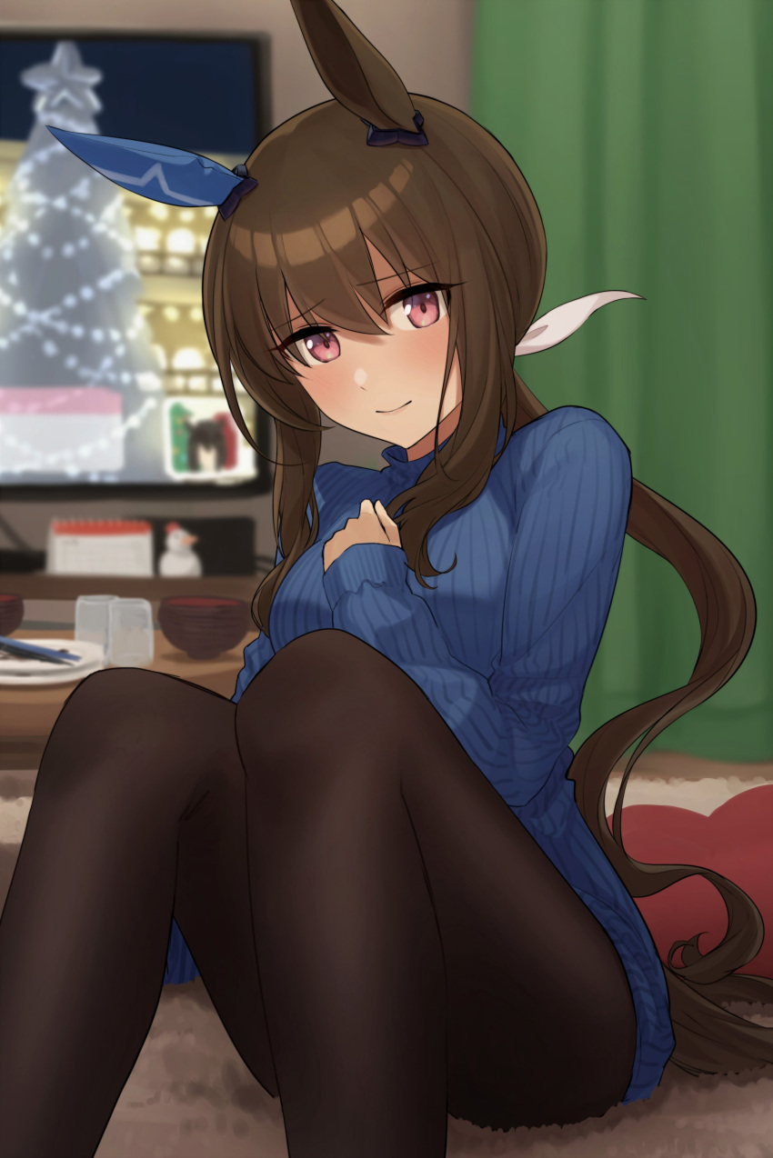 1girl absurdres admire_vega_(umamusume) bangs black_legwear blue_sweater blurry blurry_background blush bowl breasts brown_hair calendar_(object) carpet commentary_request curtains ear_covers hand_on_own_chest heart heart_pillow highres horse_girl indoors inuyabu_cc knees_up light_blush lips long_hair medium_breasts pantyhose pillow plate ponytail sidelocks sitting smile solo sweater table television umamusume violet_eyes