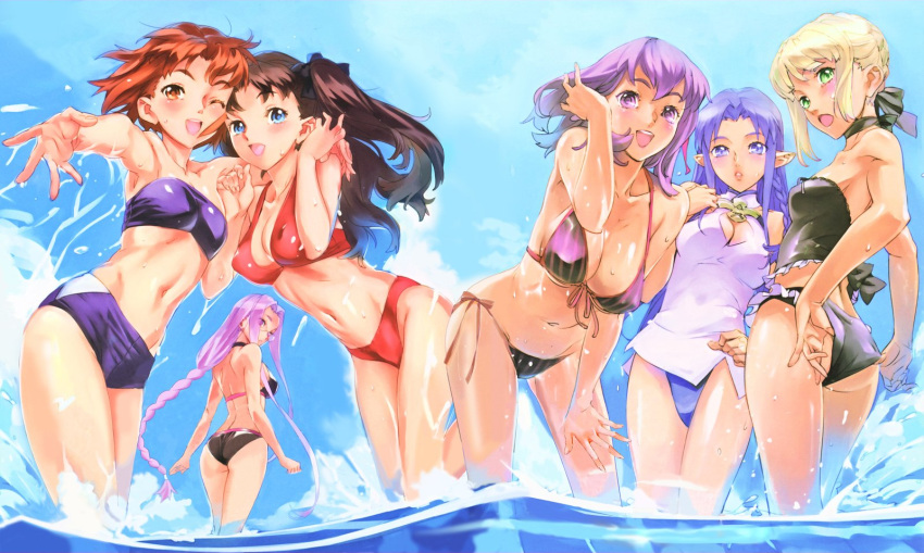 6girls :d adjusting_swimsuit artoria_pendragon_(all) ass ass-to-ass back bare_shoulders bikini blonde_hair braid breasts brown_eyes brown_hair caster cleavage cleavage_cutout cloud fate/stay_night fate_(series) front-tie_top glasses green_eyes hand_in_hair highres leaning_back leaning_forward long_hair looking_at_viewer looking_back matou_sakura medusa_(fate)_(all) mitsuzuri_ayako mound_of_venus multiple_girls navel nishieda open_mouth outstretched_arm purple_eyes purple_hair red_bikini rider saber saber_alter short_hair side-tie_bikini single_braid sky smile splash splashing summer swimsuit tohsaka_rin toosaka_rin twintails very_long_hair wading water wet wink