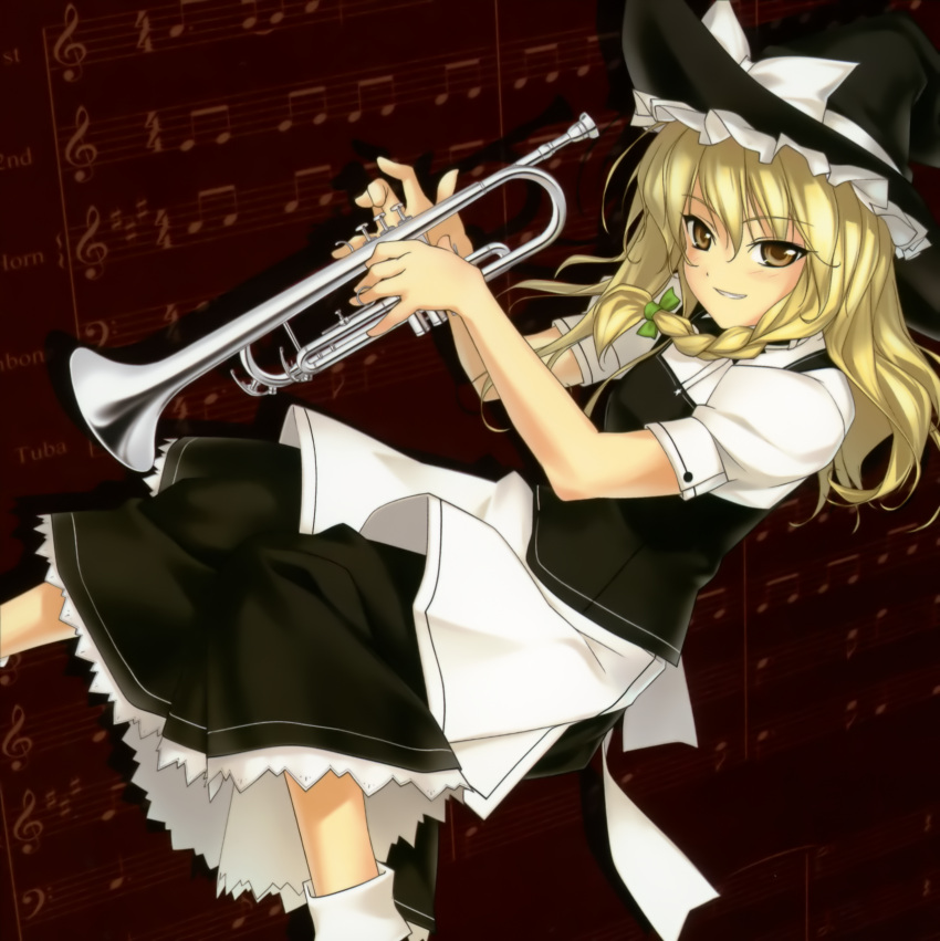 blonde_hair braid enhance_heart hat highres instrument kirisame_marisa musical_note rokuwata_tomoe short_hair solo touhou trumpet witch_hat yellow_eyes