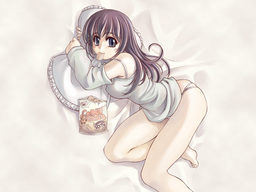 bed camisole chips detached_sleeves g-string highres lying mouth_hold on_side pillow pillow_hug potato_chips purple_hair wallpaper xration