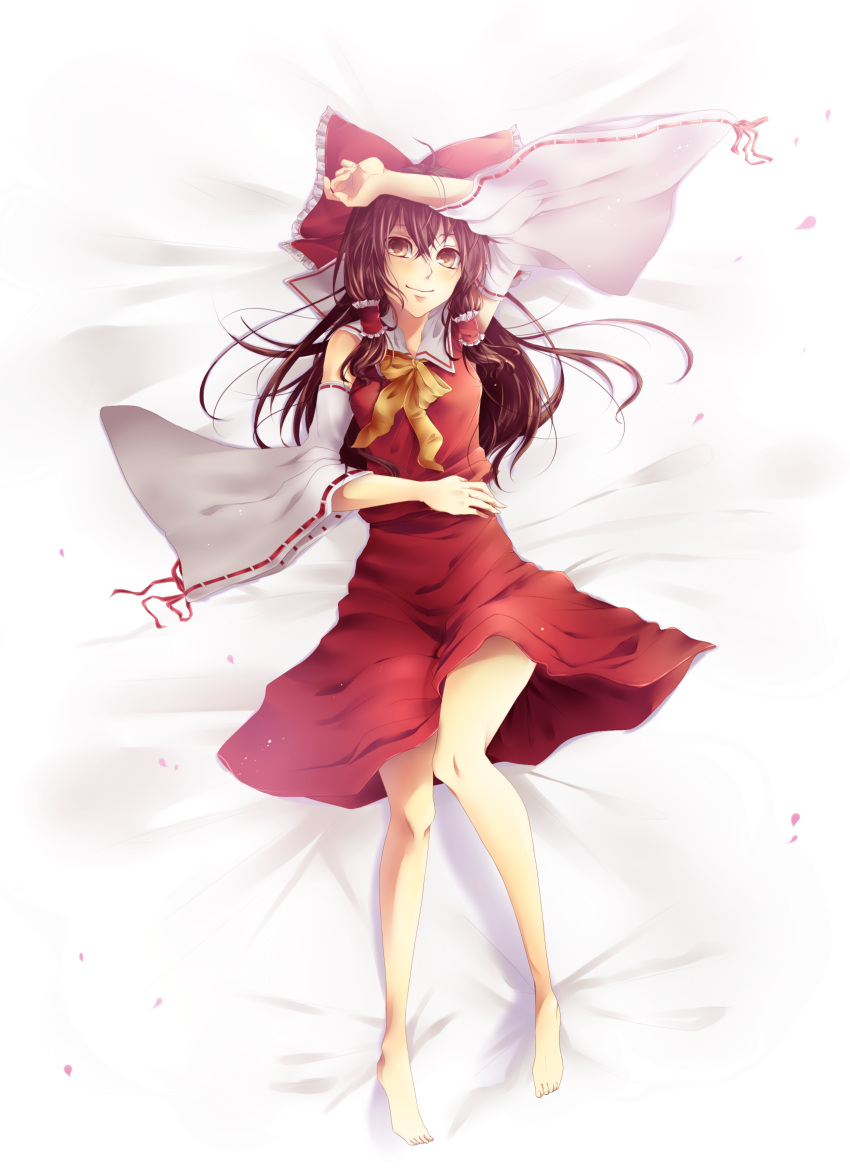 absurdres amese_hiyori arm_up barefoot bow brown_eyes brown_hair detached_sleeves from_above hair_bow hakurei_reimu highres lying miko on_back petals smile solo touhou wide_sleeves