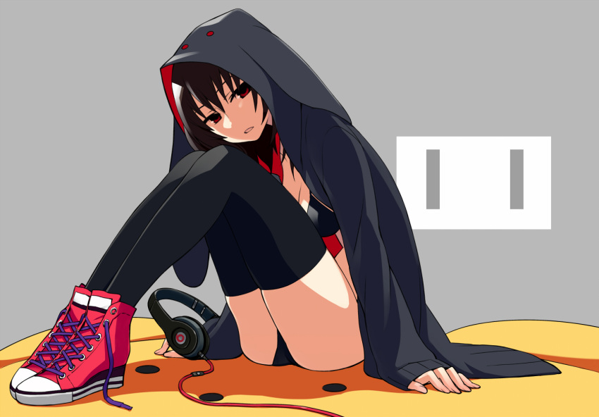 animal_hood ass beats_by_dr._dre beats_by_dr.dre bikini black_hair brown_hair chan_co darth_wooser headphones hoodie knees_together_feet_together long_hair original product_placement red_eyes shoes sitting sneakers solo swimsuit thigh-highs thighhighs untied