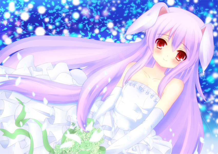 animal_ears bad_id bare_shoulders bouquet bunny_ears collarbone dress elbow_gloves flower gloves lolicon_mashimo long_hair purple_hair red_eyes reisen_udongein_inaba solo touhou wedding_dress white_gloves