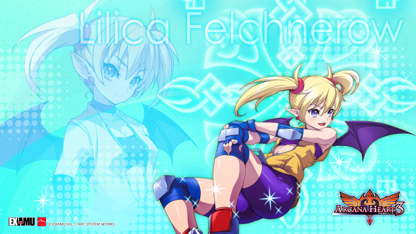16:9 akaga_hirotaka arcana_heart arcana_heart_3 armpits ass bandeau bat_wings bike_shorts blonde_hair blue_eyes character_name choker collar crossed_arms demon demon_girl demon_wings earrings elbow_pads fingerless_gloves flat_chest gloves glowing hair_ornament highres jacket jewelry knee_pads lilica_felchenerow logo navel official_art open_clothes open_jacket open_mouth pointy_ears purple_eyes reclining shiny shiny_clothes short_hair short_twintails smile solo sparkle title_drop twintails unzipped violet_eyes wallpaper wings zipper