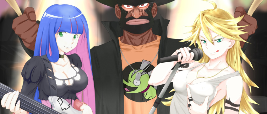 afro artist_request band bass_guitar beard blonde_hair bracelet breasts chuck chuck_(psg) cleavage dark_skin dress drumsticks facial_hair garterbelt_(character) garterbelt_(psg) glowing glowing_eyes green_eyes guitar highres instrument jewelry large_breasts long_hair long_image microphone multicolored_hair necklace panty_&amp;_stocking_with_garterbelt panty_(character) panty_(psg) red_eyes ring stocking_(character) stocking_(psg) tattoo tongue wide_image zzzz