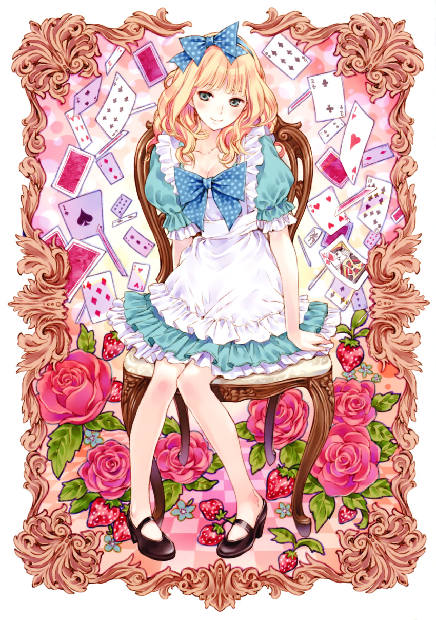 alice_(wonderland) alice_in_wonderland apron blonde_hair bow breasts card cards cleavage elaborate_frame falling_card floating_card flower food frame fruit hair_bow highres kishida_mel mary_janes playing_card playing_cards polka_dot purple_card red_rose rose shoes smile strawberry