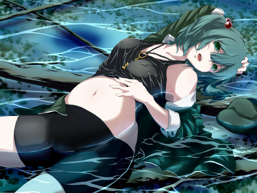 1girl alternate_eye_color blue_eyes blue_hair green_eyes hair_bobbles hair_ornament hat hat_removed headwear_removed highres jewelry kawashiro_nitori key kokko361 long_sleeves looking_at_viewer lying midriff navel necklace on_back open_clothes open_mouth open_shirt partially_submerged shirt shorts solo tank_top touhou twintails vest water wet