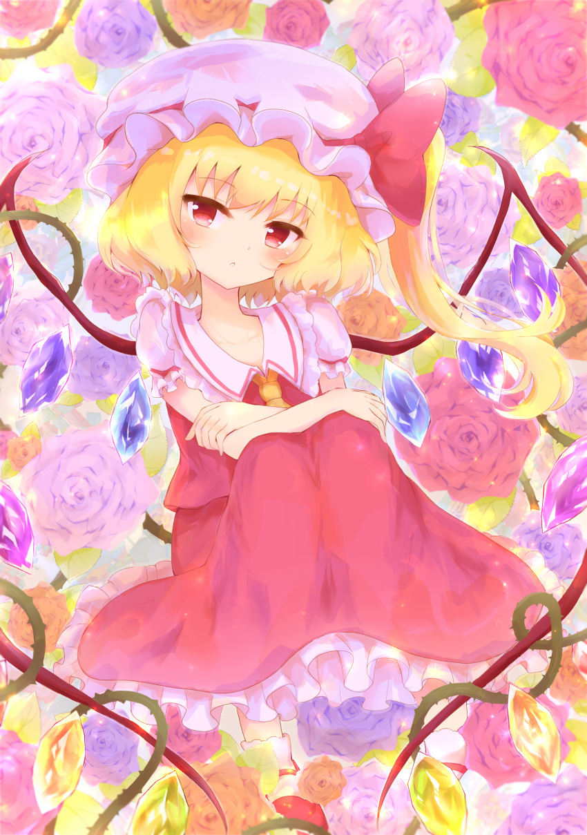 1girl absurdres ascot bangs blonde_hair closed_mouth collar collared_shirt crystal eyebrows_visible_through_hair eyes_visible_through_hair flandre_scarlet frills hair_between_eyes hat highres jewelry mob_cap multicolored_wings one_side_up red_eyes shirt short_hair solo tomoe_(fdhs5855) touhou white_shirt white_sleeves wings yellow_ascot