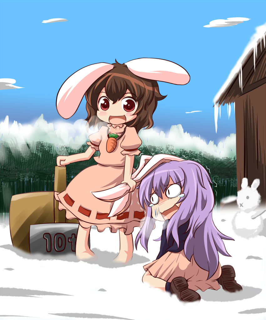 :d :x animal_ears brown_hair bunny_ears chibi dokuta ear_grab hammer highres inaba_tewi long_hair multiple_girls open_mouth purple_hair red_eyes reisen_udongein_inaba scared short_hair smile snow touhou