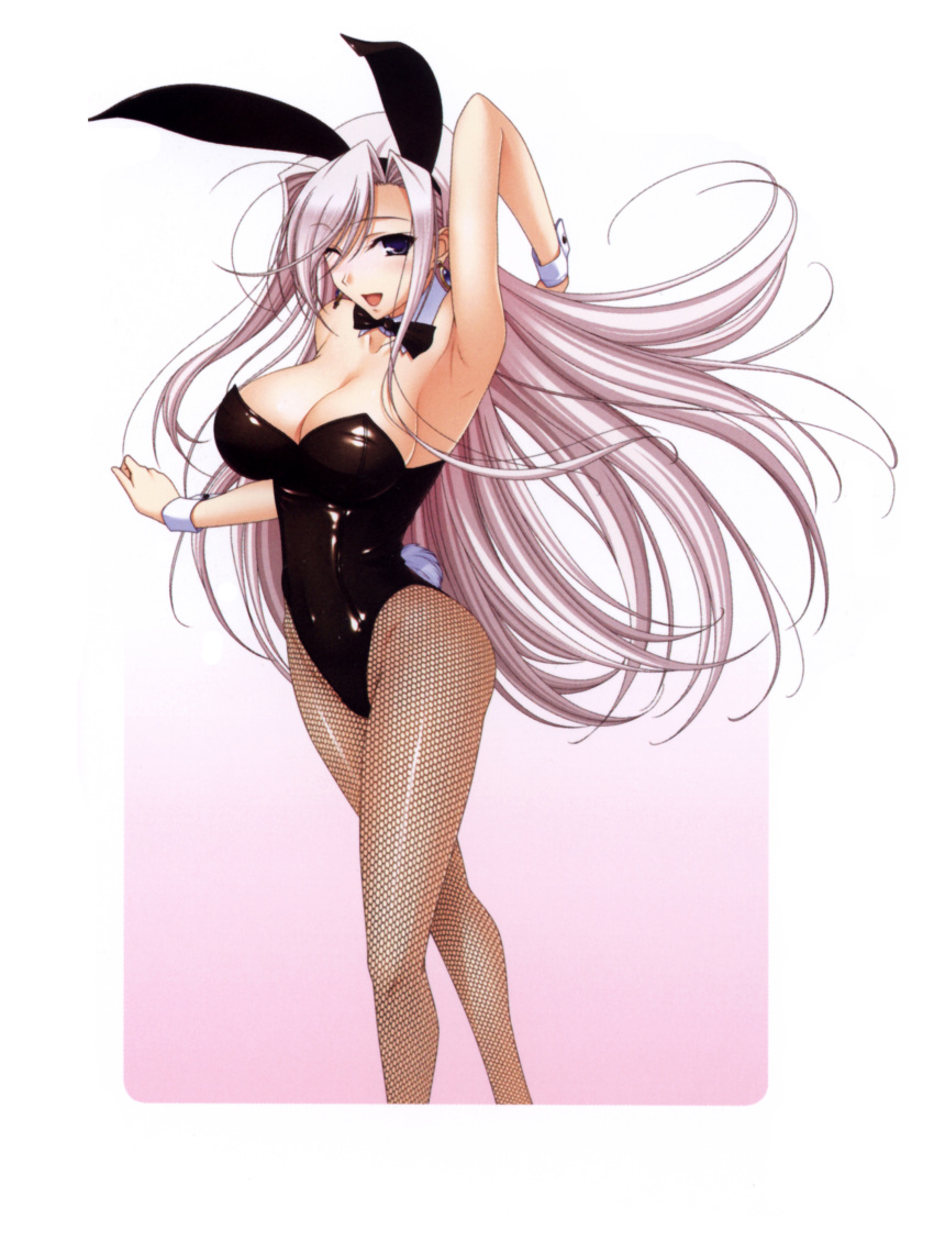 animal_ears armpits bare_shoulders blue_eyes breasts bunny_ears bunny_girl bunny_tail bunnysuit charlotte_hazellink cleavage fishnet_pantyhose fishnets highres komori_kei large_breasts long_hair pantyhose pink_hair princess_lover tail wrist_cuffs