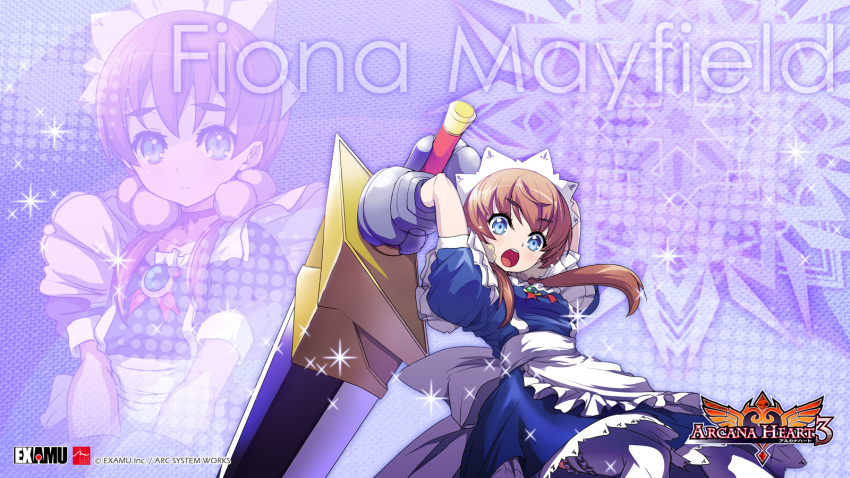 16:9 akaga_hirotaka apron arcana_heart arcana_heart_3 armor armored_dress arms_behind_head blue_eyes blush brooch brown_hair character_name choker dress fighting_stance fiona_mayfield flat_chest garters gauntlets hair_bobbles hair_ornament highres huge_weapon jewelry logo long_hair maid maid_headdress official_art open_mouth solo sparkle standing sword thigh-highs thighhighs title_drop twintails wallpaper weapon white_legwear