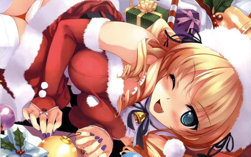 aqua_eyes blonde_hair christmas fang hat misaki_kurehito panties santa_costume thigh-highs thighhighs underwear wink