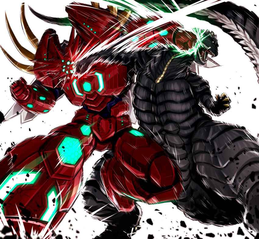 absurdres armor claws crosscounter crossover energy fangs getter_emperor getter_rays getter_robo getter_robo_arc giant giant_monster ginga_no_kou glowing godzilla godzilla_(series) godzilla_singular_point godzilla_ultima green_light highres horns kaiju mecha mecha_focus monster no_humans open_mouth red_armor robot scales sharp_teeth spikes spines super_robot super_robot_wars super_robot_wars_y tail teeth tokusatsu very_long_tail