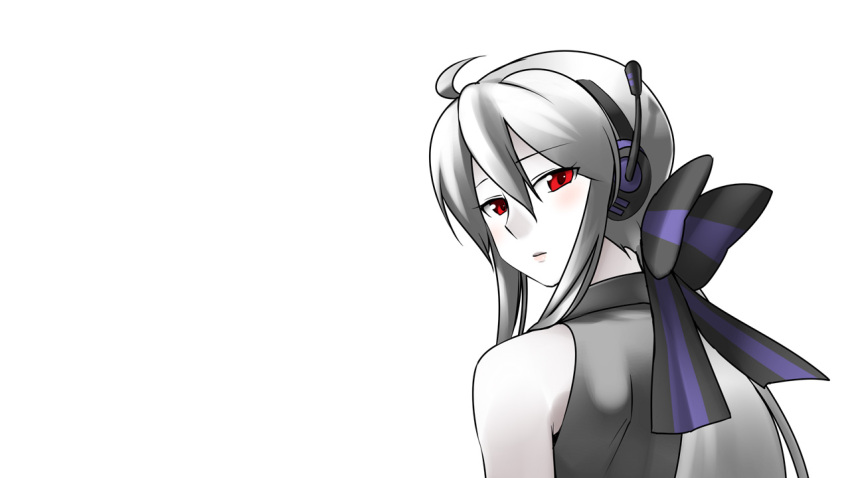 ahoge bare_shoulders bow caffein cyber_diver_(vocaloid) hair_bow hair_ornament headphones lips long_hair ponytail red_eyes solo vocaloid voyakiloid white_hair yowane_haku