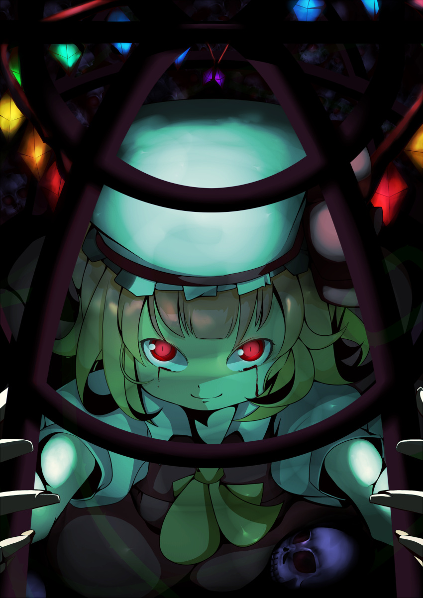 absurdres ascot bad_id blonde_hair blood bloody_tears cage face flandre_scarlet glowing hat highres momiji_oroshi red_eyes skull slit_pupils smile solo tears touhou