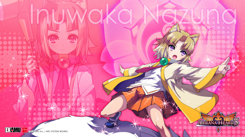 16:9 animal_ears arcana_heart arcana_heart_2 arcana_heart_3 brooch brown_hair character_name child choker collar fang fighting_stance flat_chest fox_ears frown glowing hammer highres inuwaka_nazuna jewelry logo magic mary_janes necktie official_art open_clothes open_mouth open_robe outstretched_arms pleated_skirt purple_eyes robe school_uniform shoes short short_hair skirt socks sparkle spread_arms spread_legs title_drop uwabaki violet_eyes wallpaper weapon