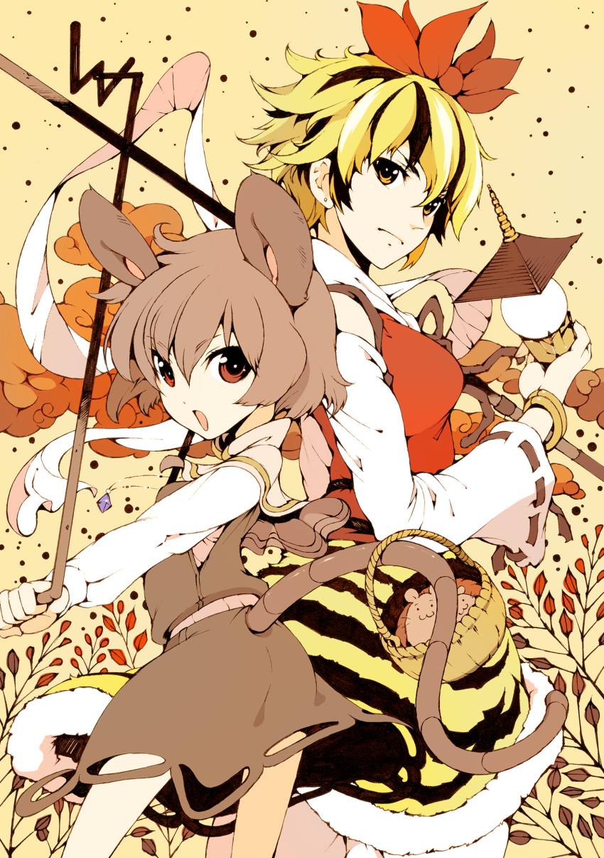 absurdres animal_ears back-to-back basket blonde_hair brown_eyes capelet card_(medium) clover dowsing_rod dowsing_rods earrings grey_hair hair_ornament hanafuda highres ichizen_(o_tori) jeweled_pagoda jewelry mouse mouse_ears mouse_tail multiple_girls nazrin pendant polearm red_eyes short_hair tail toramaru_shou touhou weapon